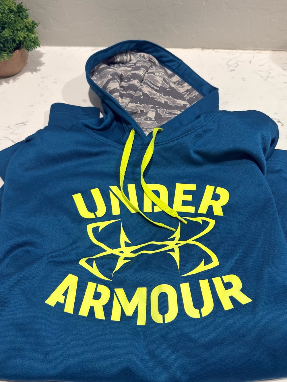 Under Armour Blue Hoodie with Neon Yellow Logo and Drawstrings